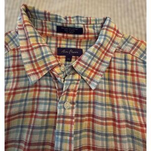 Alan Flusser Linen Cotton Plaid Shirt XXL Short Sleeve Preppy Coastal